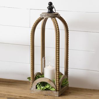 Wood Lantern With Beading Accent, 25 Inch