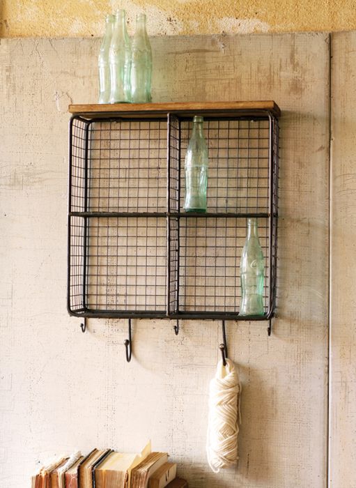 Wire Shelf With Wooden Top and Hooks Antique Farmhouse