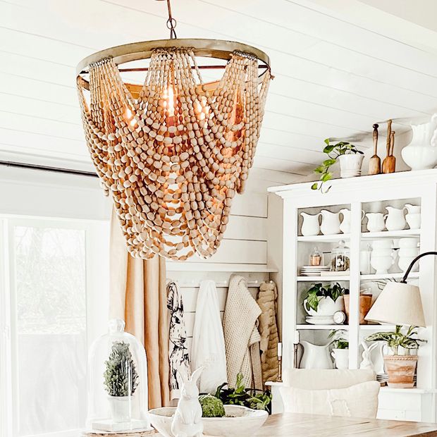 3 Light Metal And White Wood Bead Chandelier Antique Farmhouse