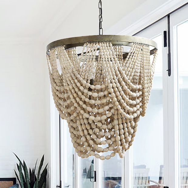 3 Light Metal And White Wood Bead, Whitewashed Wood Beaded Chandelier