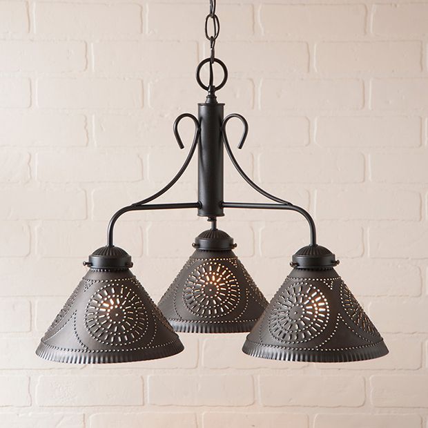 3 Light Rustic Country Dome Chandelier, Tin Light Fixtures