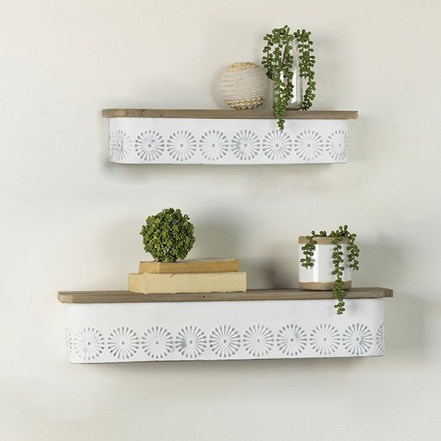 Wood With Metal Patterned Wall Shelf, Country Decor Wall Shelves