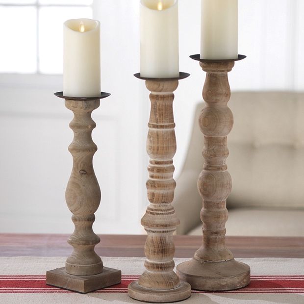 Wooden Pillar Candle Holders Set of 3 | Antique Farmhouse