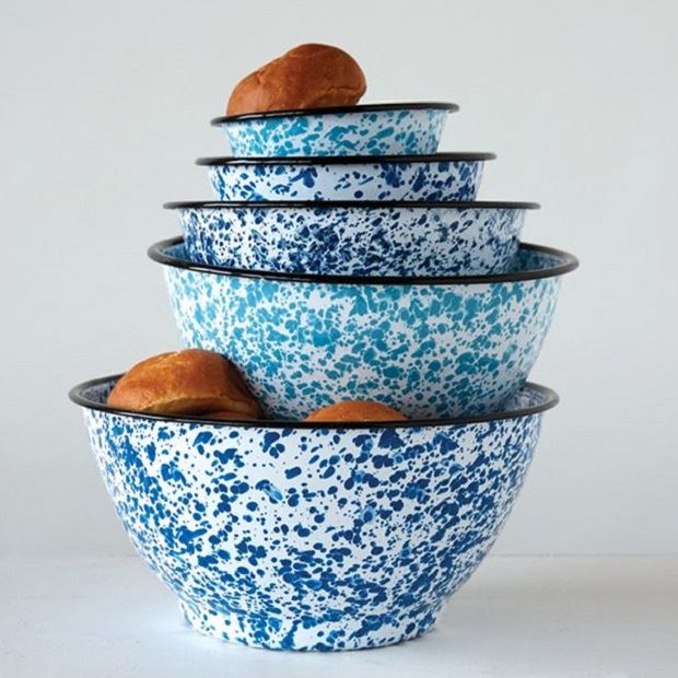 Shades of Blue Enameled Splatterware Bowls Set of 5