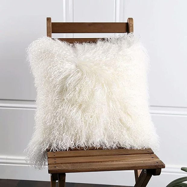 Ivory Mongolian Lamb Fur Pillow Antique Farmhouse