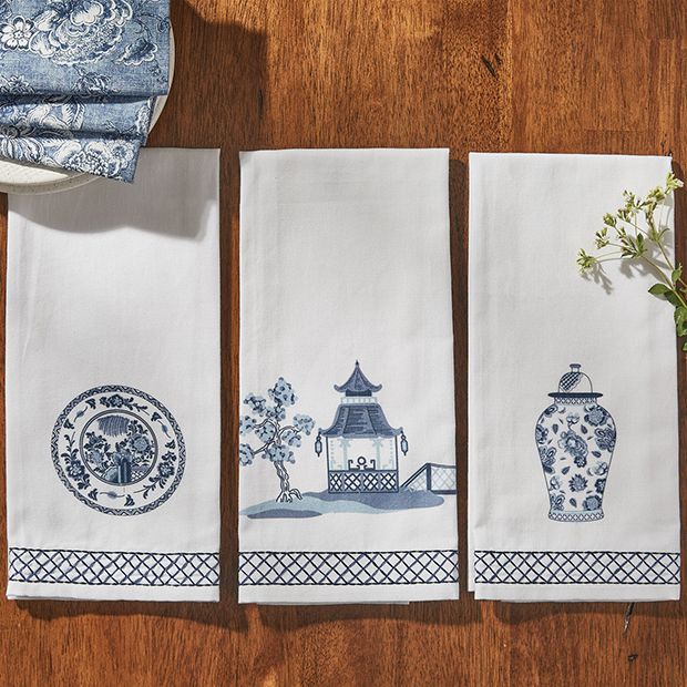 Chinois Print Embroidered Dish Towel Set of 3