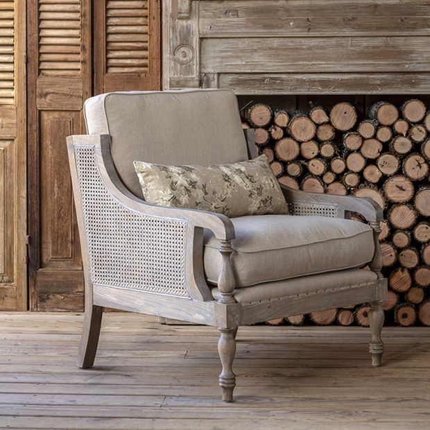 Cushioned Cane Back Accent Chair Antique Farmhouse