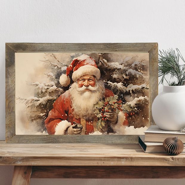 Rustic Framed Vintage Santa Holding Presents In Forest | Antique Farmhouse