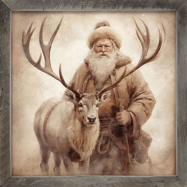 vintage canvas print, old style santa and reindeer canvas wall art framed  11x14