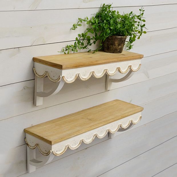 Scallop Edge Wood Wall Shelf Set of 2 Antique Farmhouse