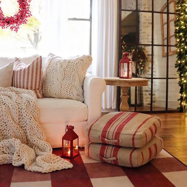 Striped Linen Floor Cushion Antique Farmhouse