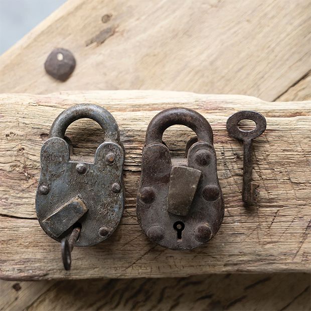 Vintage Iron Lock With Skeleton Key Set of 2