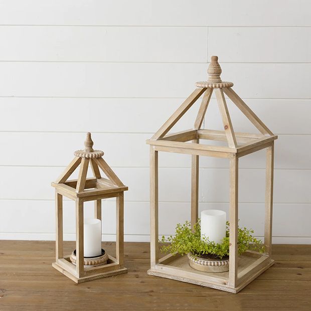 Cesicia Wooden Candle Ivory Lanterns Candle Decorative Holder Set of 2 for Indoor Outdoor, Home Garden Wedding, White