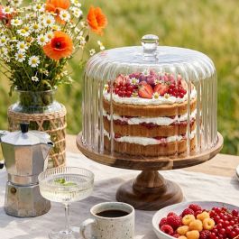 Acacia Wood Cake Stand With Fluted Cloche