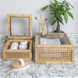 Edelie Woven Cane and Glass Decorative Box (Set of 2)