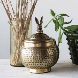 Creative Co-Op Round Hammered Metal Container With Rabbit Finial - Brass Finish, Decorative Storage For Home - View #9