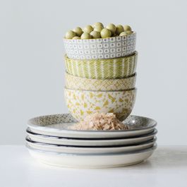 Hand Stamped Patterned Stoneware Bowls Set of 4 | Antique Farmhouse