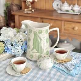 Rabbit And Floral Motif Stoneware Pitcher
