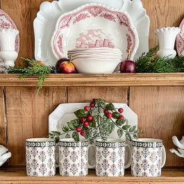 Rustic Floral Block Print Stoneware Mug Set of 4 | Antique Farmhouse