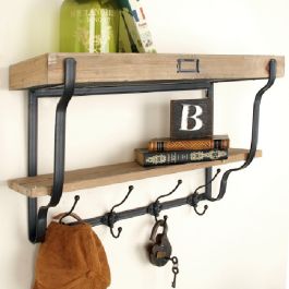 Wood and Metal Wall Shelf With Hooks Antique Farmhouse