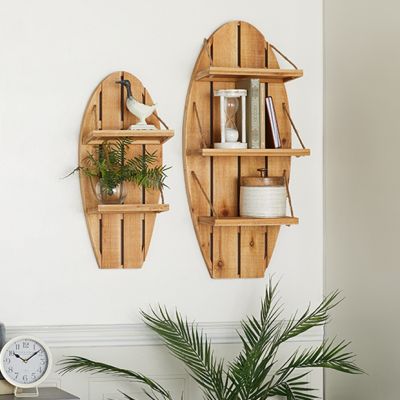 Surfboard Shaped Wood Wall Shelf Set of 2