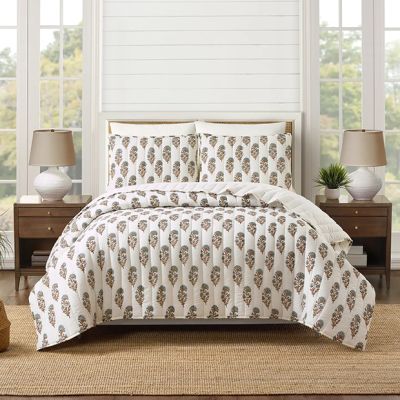 3 Piece Block Print Floral Quilt Set