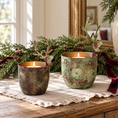 3D Deer Head Aged Metal Votive Holders Set of 2
