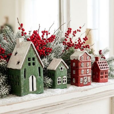 4 Piece Christmas Village Ceramic Tealight Holder Set