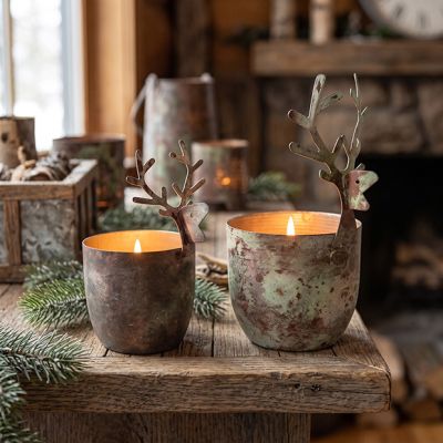 3D Deer Head Aged Metal Votive Holders Set of 2