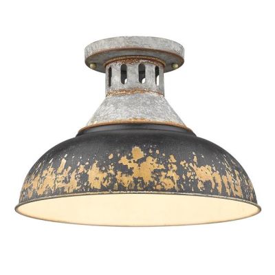 Aged Galvanized Steel With Antique Black Shade Semi Flush Mount Ceiling Light