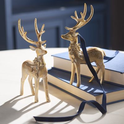 Aged Elegance Deer with Bow Ornament Set of 2