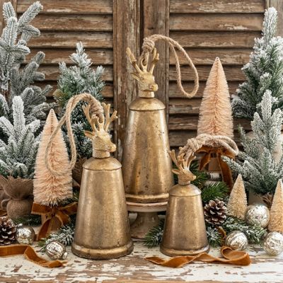 Antiqued Deer Finial Christmas Bells Set of 3