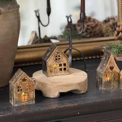 Antiqued Metal Village House Tealight Holder Set of 3
