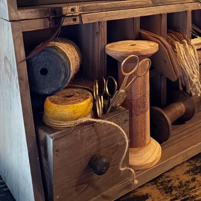Antiqued Wooden Twine Spool with Scissors Set of 4 | Antique Farmhouse