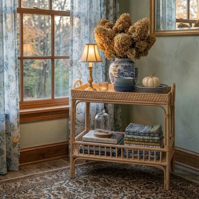 Bamboo and Rattan Accent Table With Shelf
