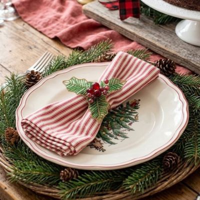 Beaded Holly Berry Christmas Napkin Ring Set of 4