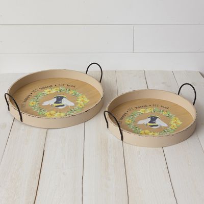 Bee Phrases Handled Wood Tray Set of 2