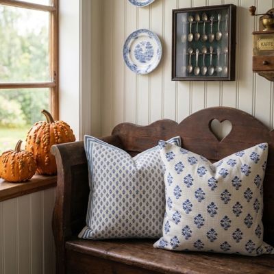 Blue Floral Block Print Pillow Cover
