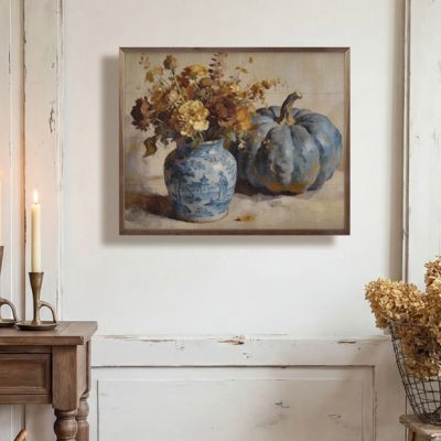 Blue Pumpkin And Floral Arrangement Framed Wall Decor