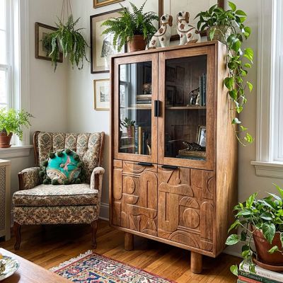Carved Geometrics Wood Display Cabinet | SHIPS FREE