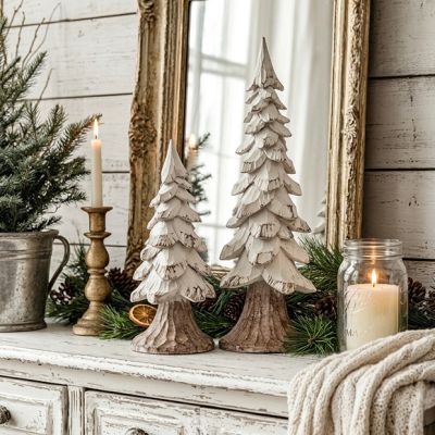 Carved White Winter Tree Set of 2