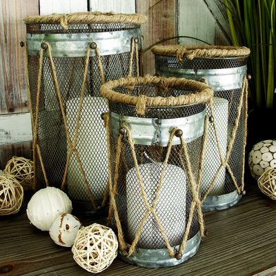 Wire Grid and Rope Trim Candle Holder Set of 3