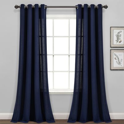 Classic Faux Linen Grommet Curtain Panel Set of 2 Navy