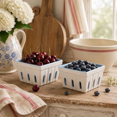 Cottage Farmhouse Stoneware Berry Basket Set of 2
