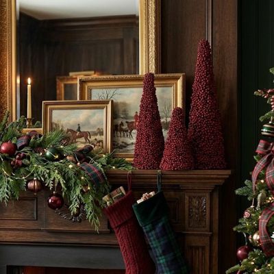 Crimson Beaded Berry Cone Tree Set of 3