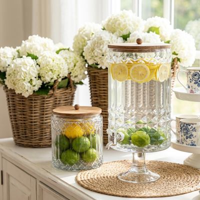 Cut Glass and Acacia Wood Kitchen Collection Beverage Dispenser