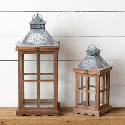 Distressed Top Candle Lanterns Set of 2