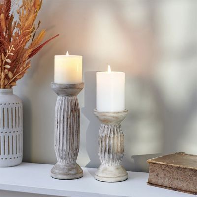 Distressed Carved Wood Candle Holders Set of 2