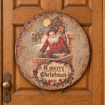 Embossed Metal Merry Christmas Santa Round Sign