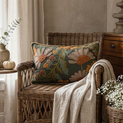 Embroidered Autumn Flowers Cotton Slub Pillow